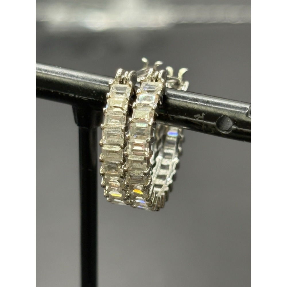 EUC Sterling Silver Cubic Zirconia Baguette 20MM Hoop Earrings G7